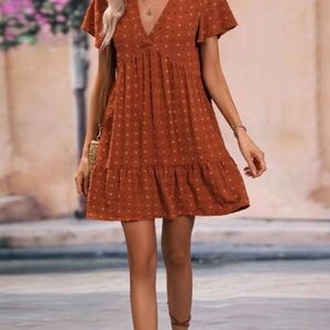 SHEIN Rust Polka Dot V-Neck Tiered Mini Dress